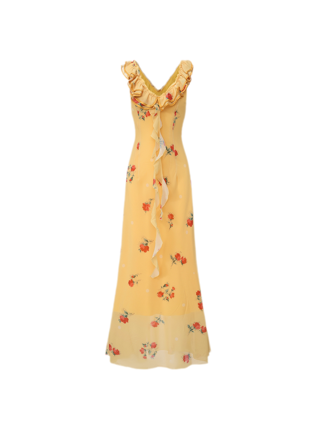 Yellow Floral Reversible Ruffle Maxi Dress with Detachable Lace Ribbon