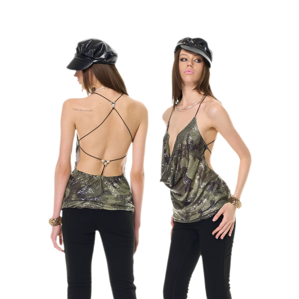 NOLA Camouflage Sequin Halter Mini Dress – Deep V Open Back Tie Dress