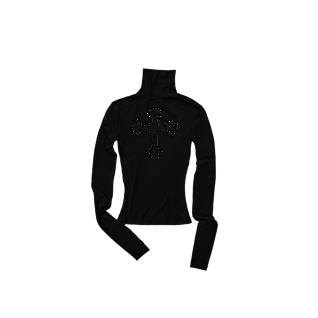 Rhinestone Lace Cross Fitted Turtleneck Knit Top