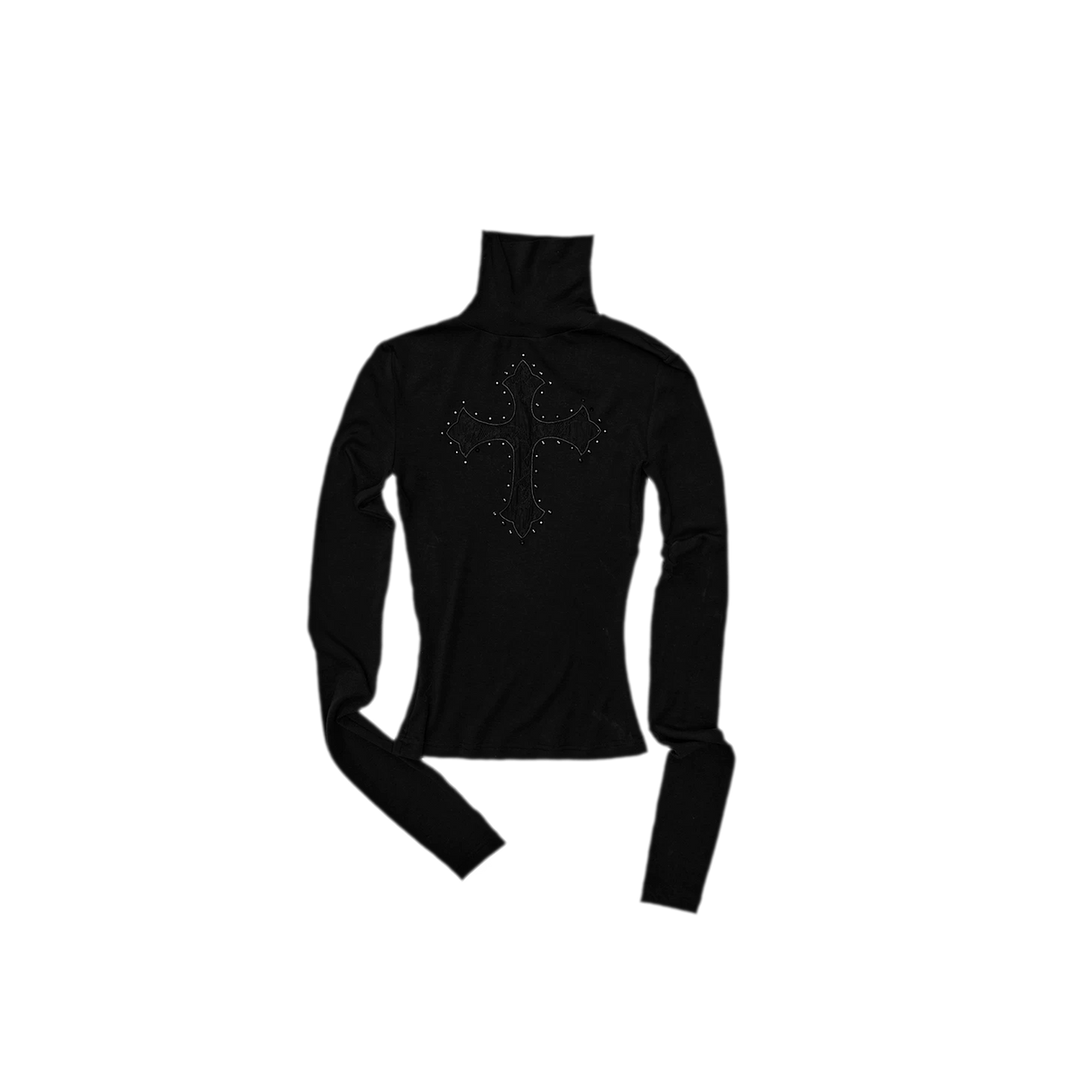 Rhinestone Lace Cross Fitted Turtleneck Knit Top