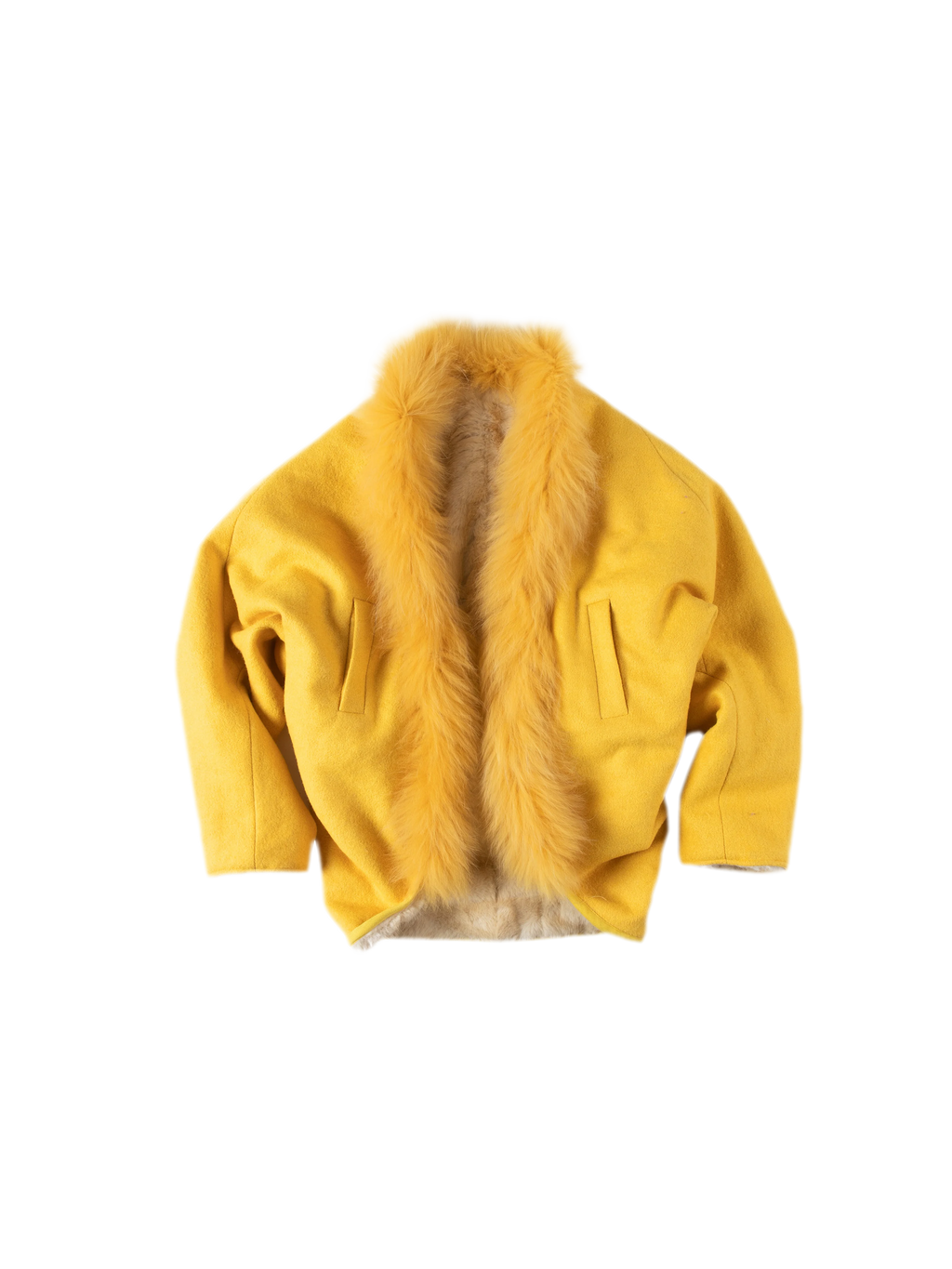 Reversible Faux Fur Wool Coat with Batwing Sleeves & Detachable Trim
