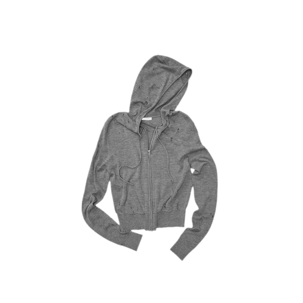 Distressed Hooded Zip Knit Cardigan