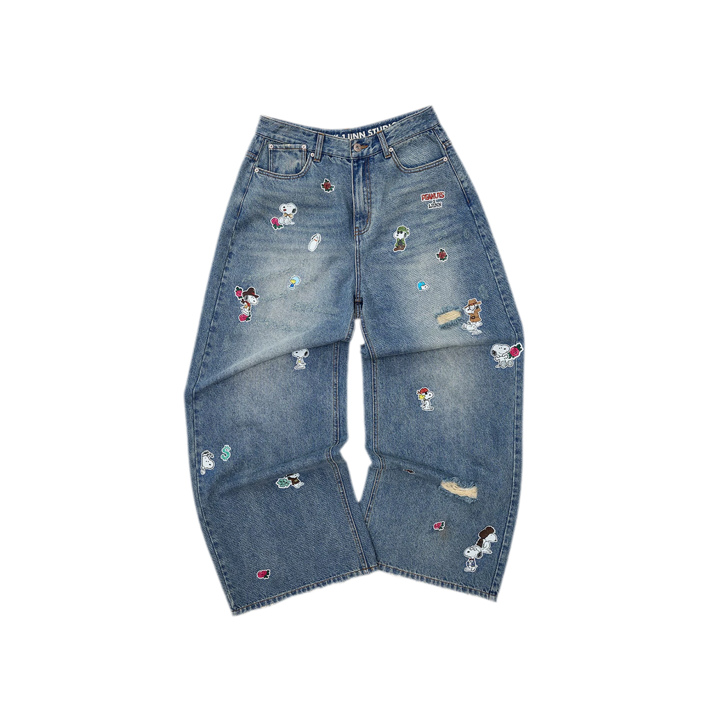 Washed Distressed Wide-Leg Patch Jeans