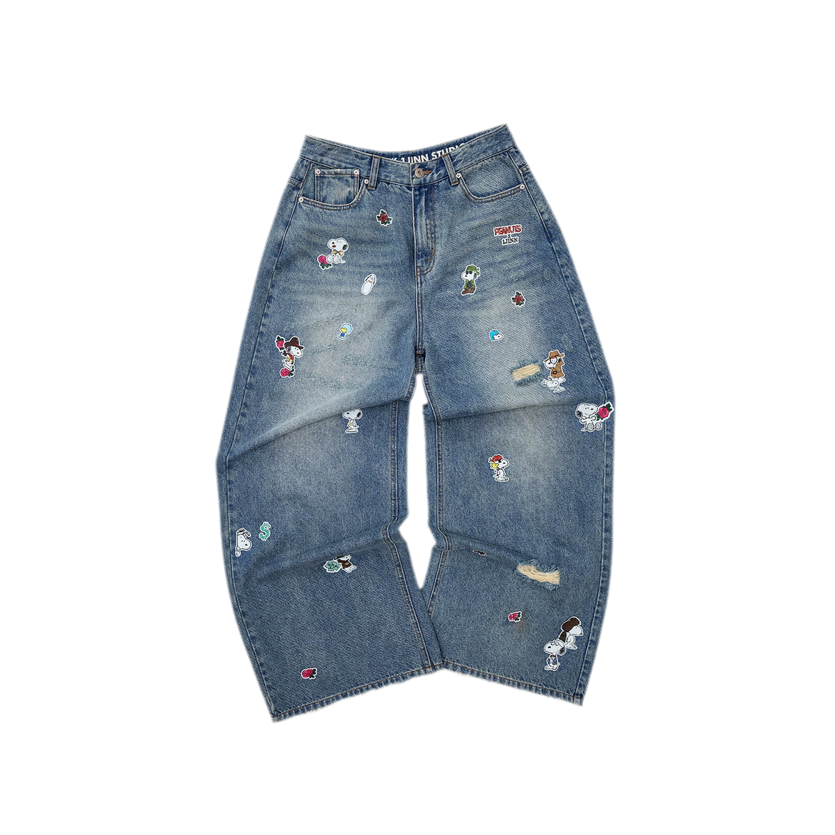 Washed Distressed Wide-Leg Patch Jeans