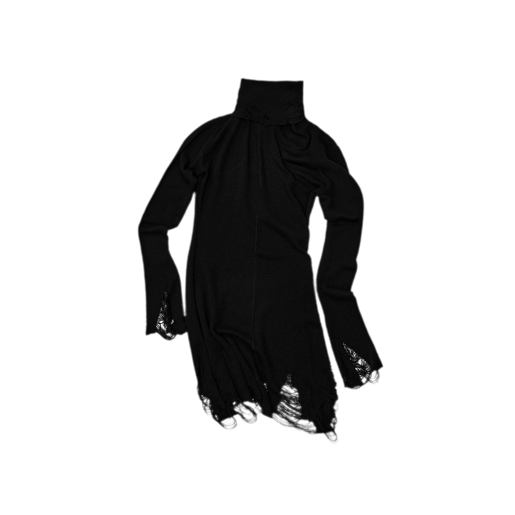 Black Distressed High-Neck Bodycon Knit Dress