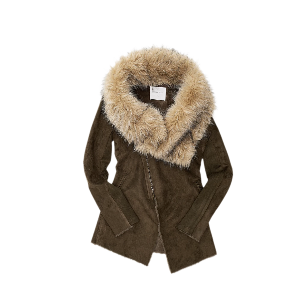 Suede-Look Slim Fit Coat with Oversized Faux Fur Collar