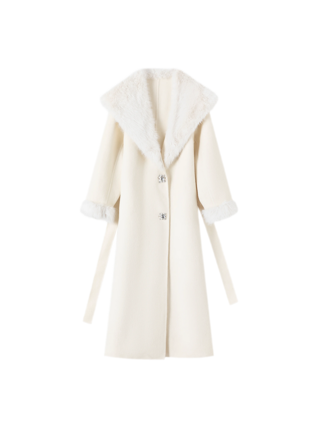 Ivory Double-Faced Wool Long Coat with Fur Trim Shawl Collar