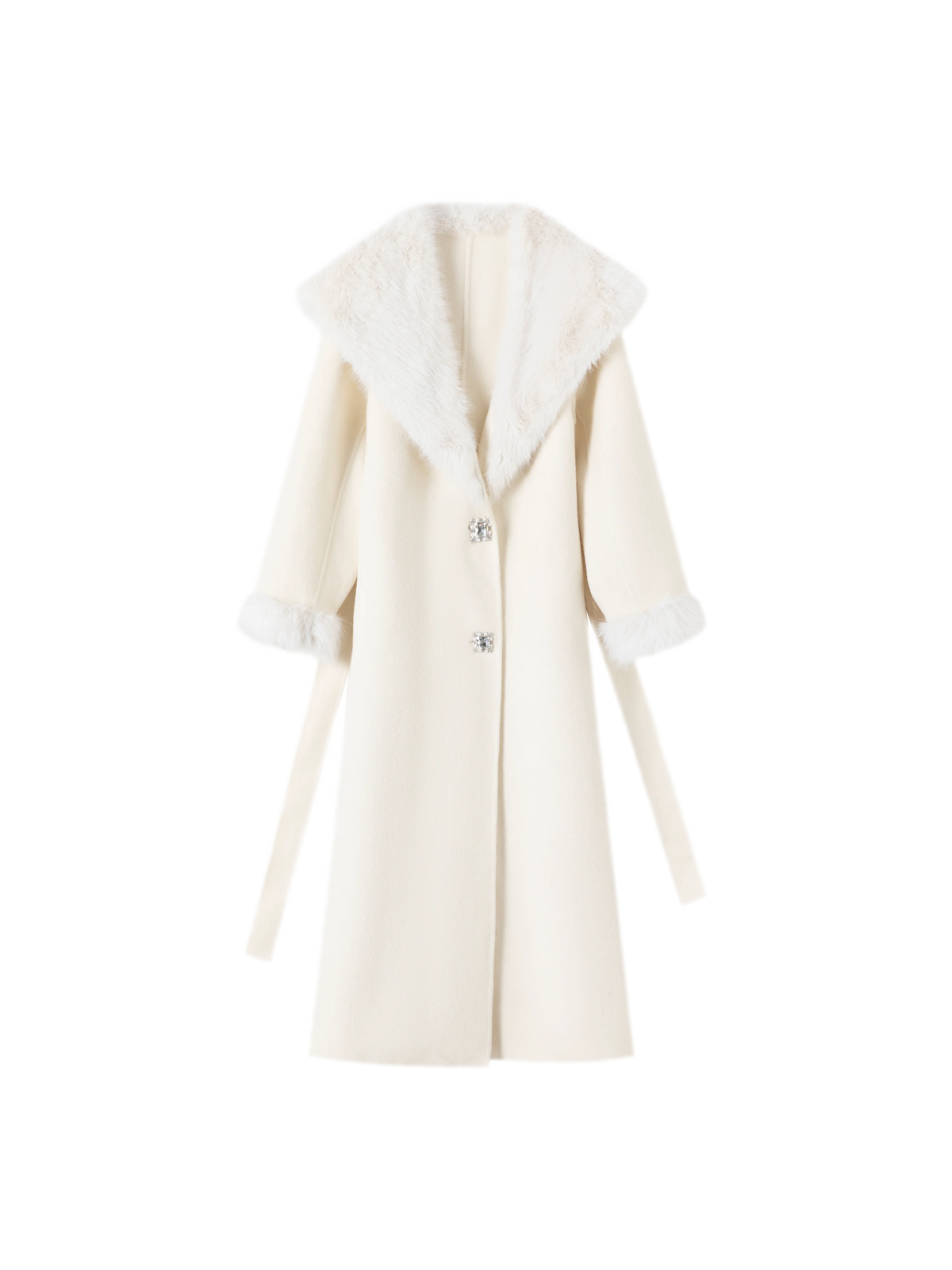Ivory Double-Faced Wool Long Coat with Fur Trim Shawl Collar