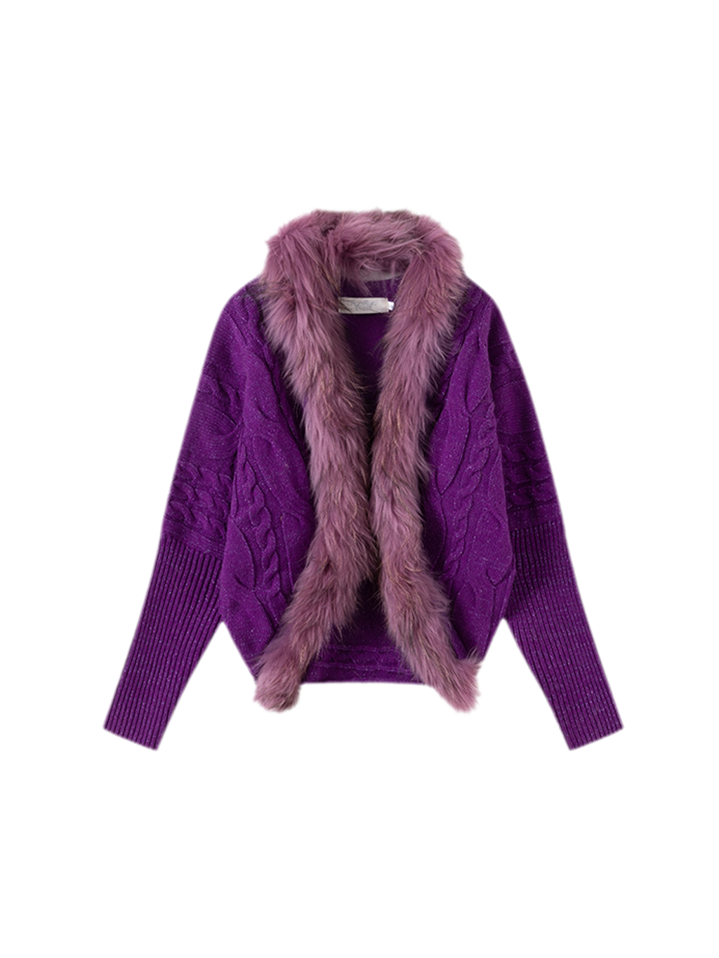 Retro Cable Knit Batwing Wool Cardigan with Fur Trim