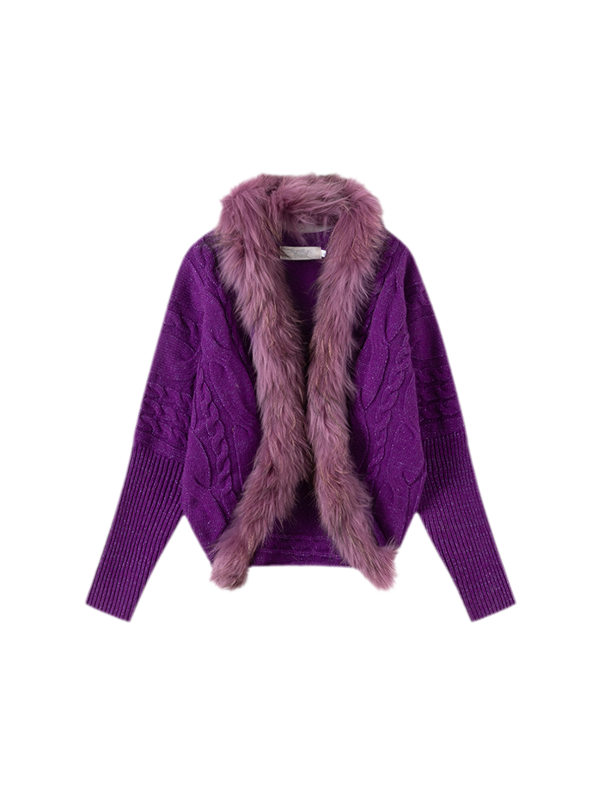 Retro Cable Knit Batwing Wool Cardigan with Fur Trim