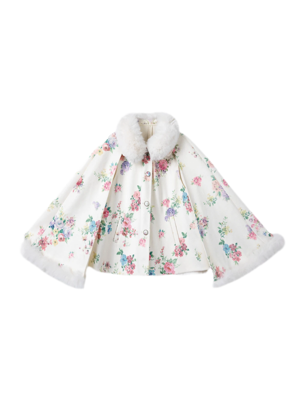 Vintage Oil Painting Floral Wool Cape & Skirt Set with Fur Trim