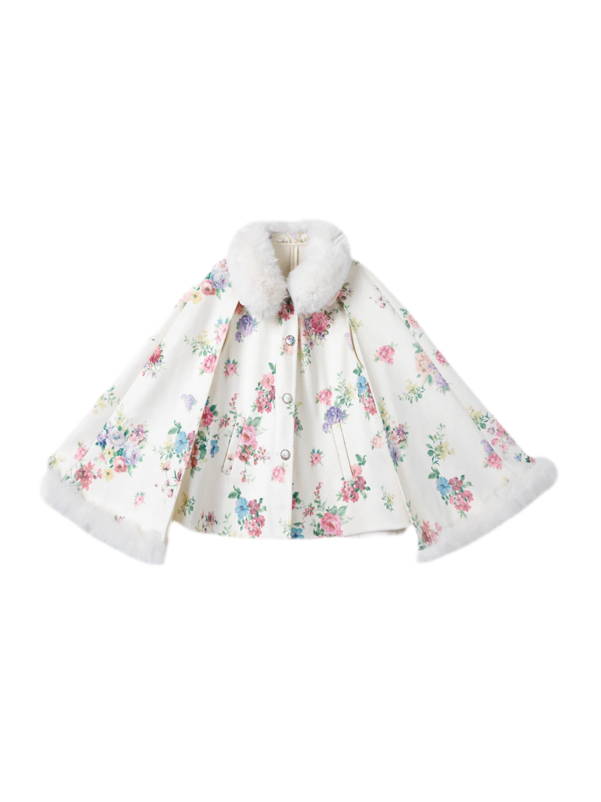 Vintage Oil Painting Floral Wool Cape & Skirt Set with Fur Trim