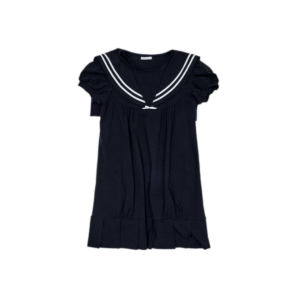 Retro Navy Collar Pleated Midi Dress - Navy Blue