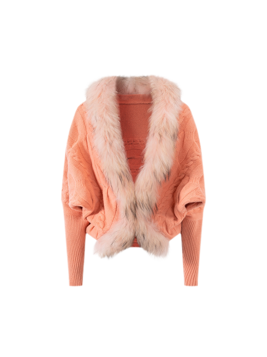 Cropped Cable Knit Batwing Wool Cardigan with Plush Fur Collar