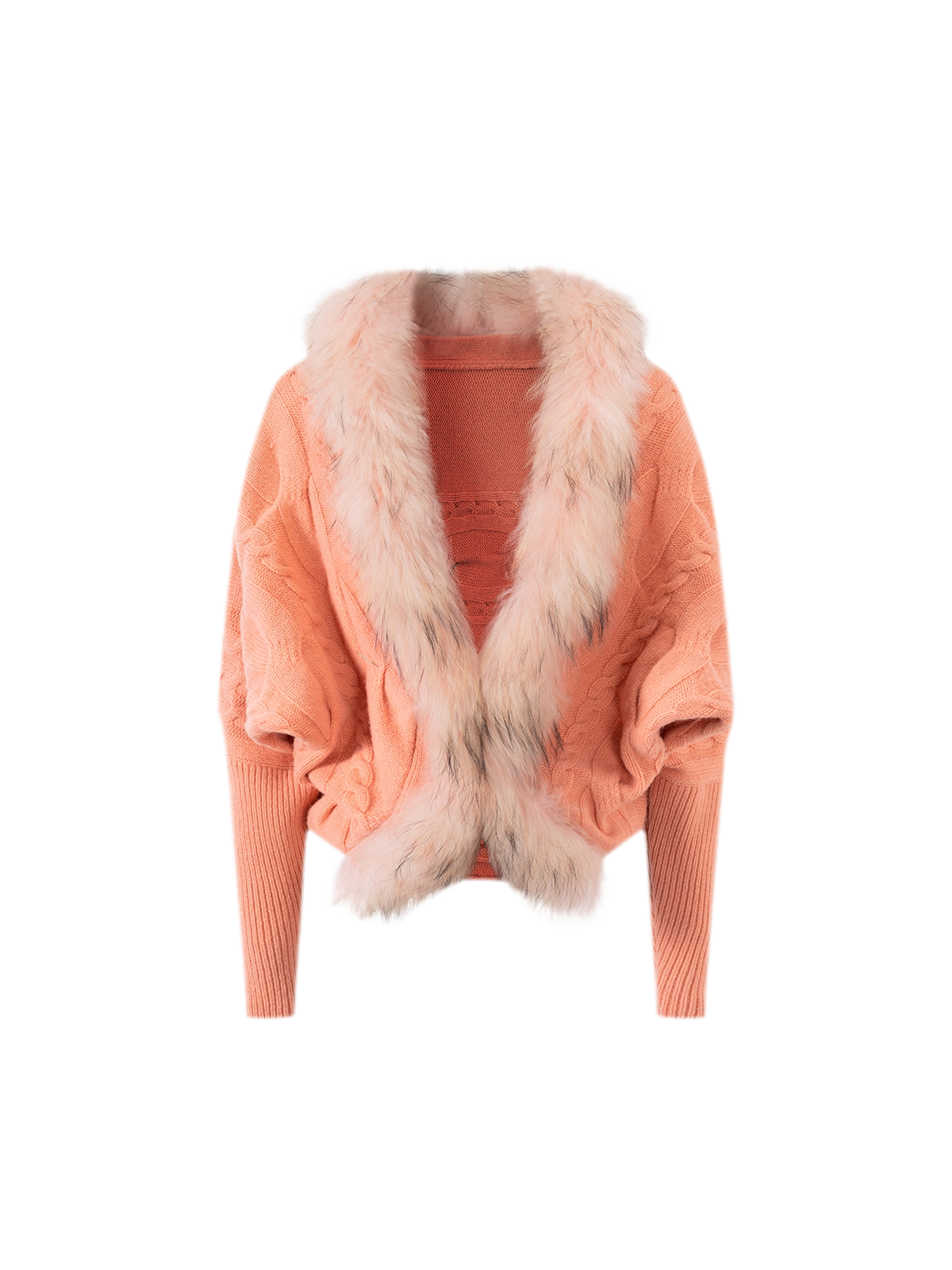 Cropped Cable Knit Batwing Wool Cardigan with Plush Fur Collar
