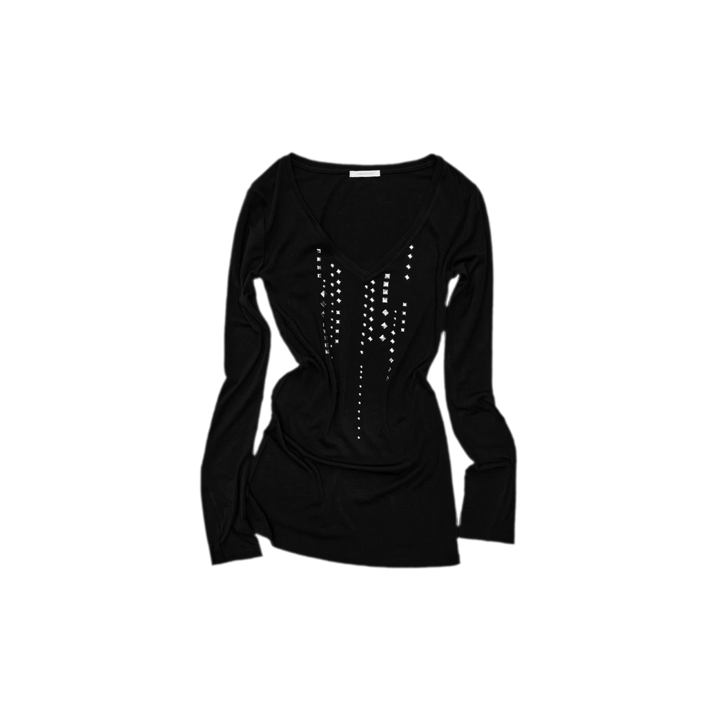 Rhinestone Rivet Fitted V-Neck Knit Top