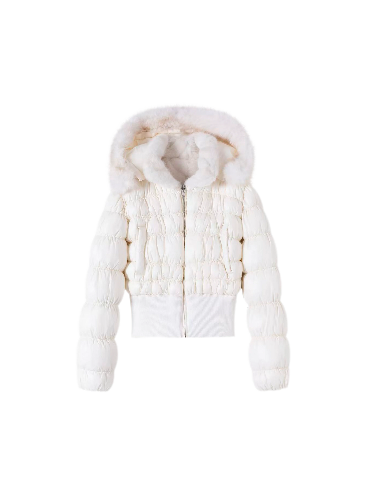 White Reversible Faux Fur Cropped Puffer Jacket with Hood