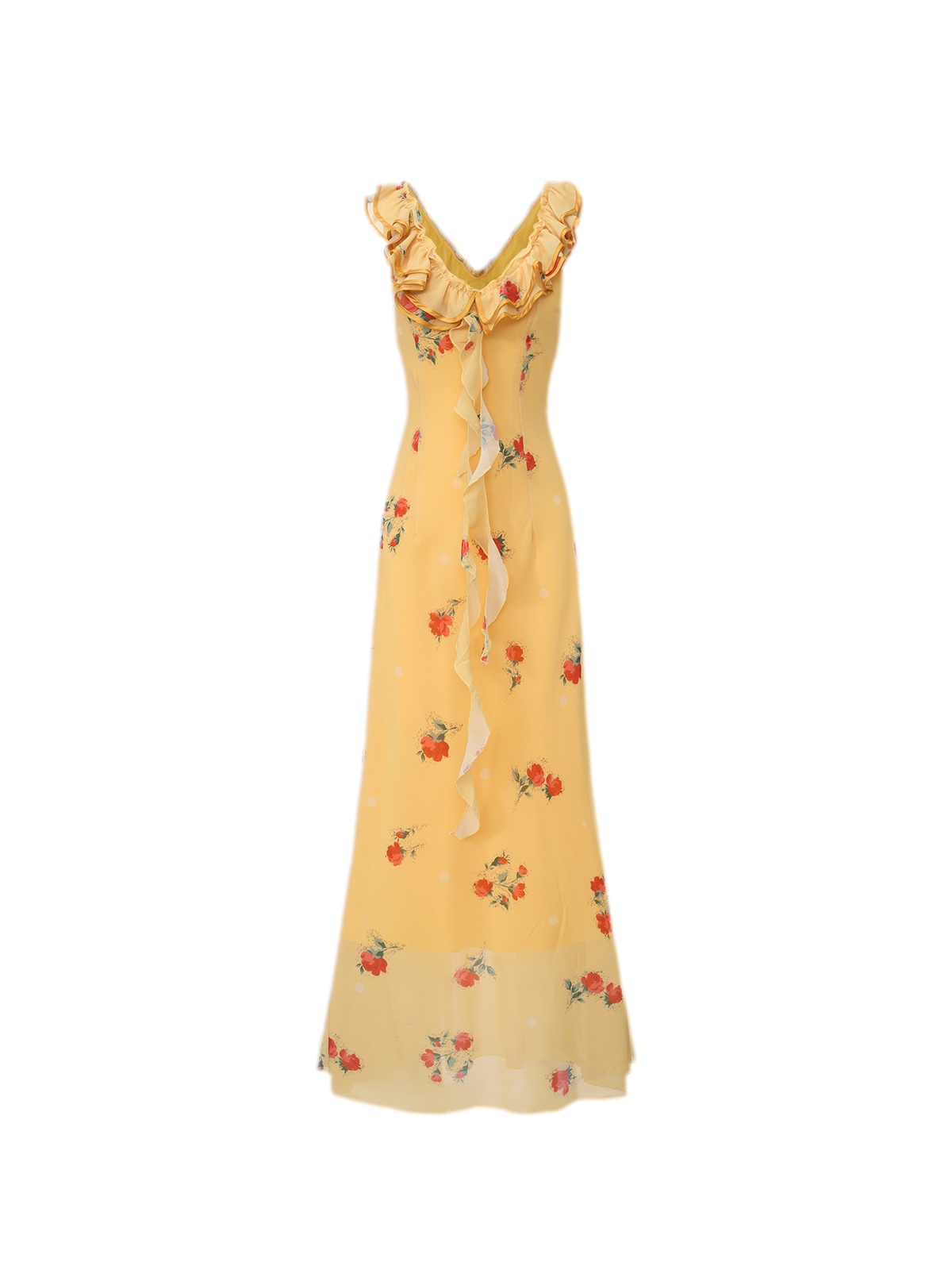 Yellow Floral Reversible Ruffle Maxi Dress with Detachable Lace Ribbon