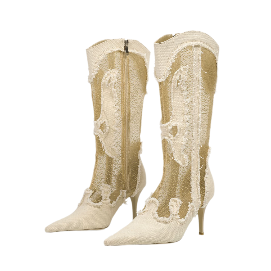 Starry mesh knee-high boots in light beige