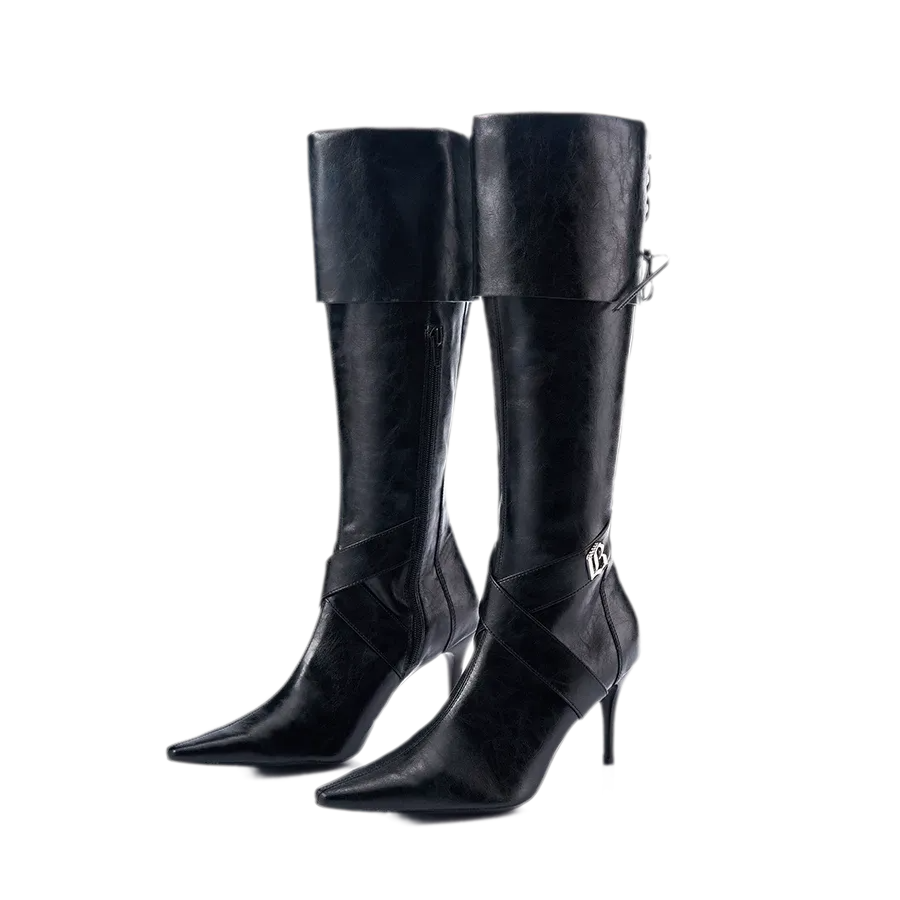 Black oil-waxed pointed-toe tall boots