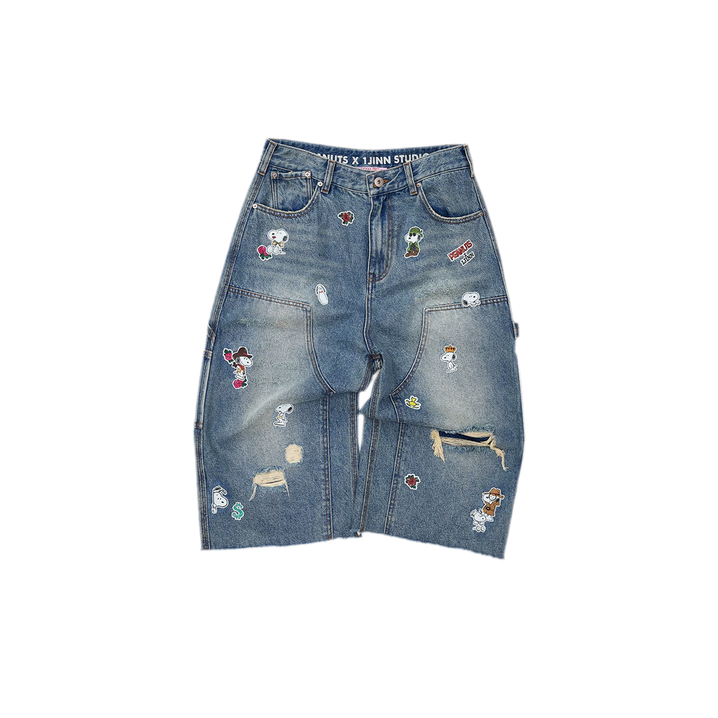 Washed Distressed Cropped Cargo Jeans with Patches