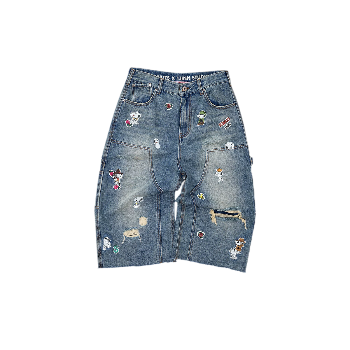 Washed Distressed Cropped Cargo Jeans with Patches