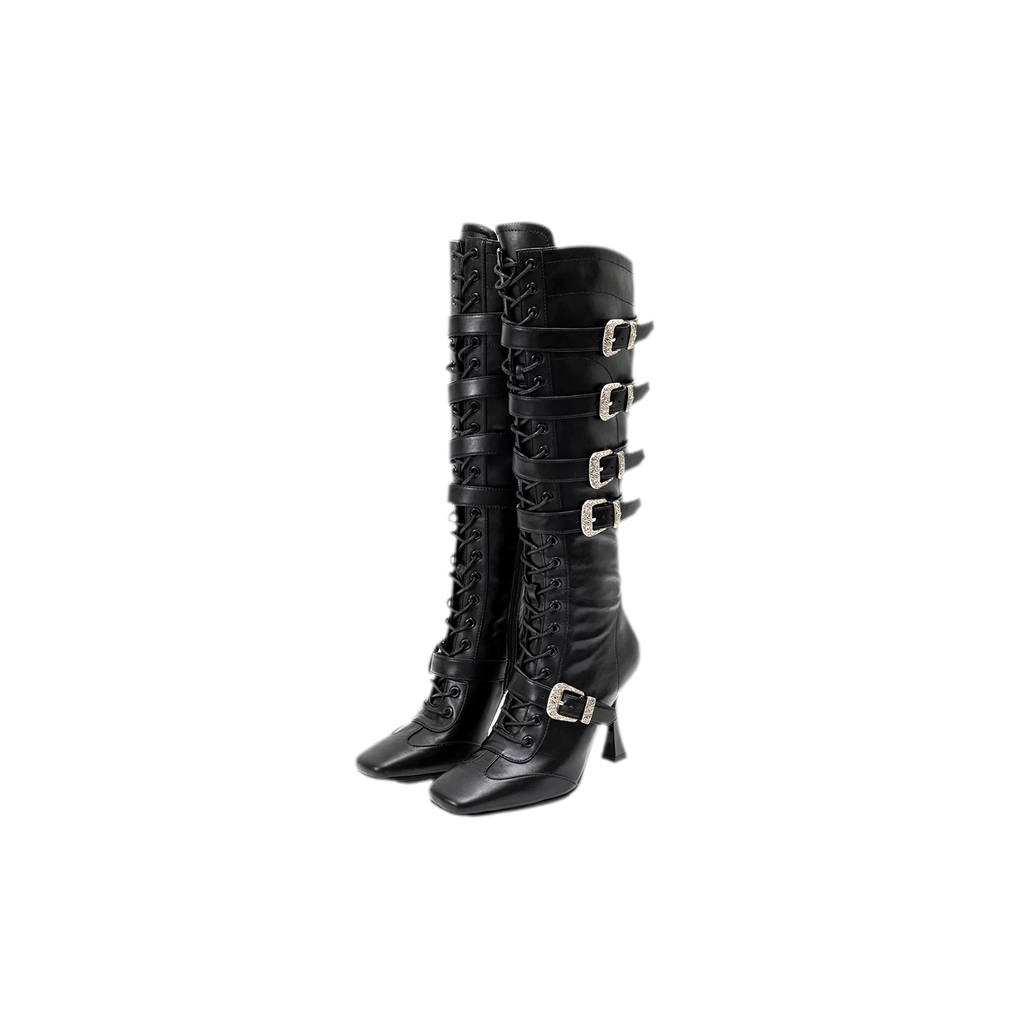 Metal Buckle Knee-High Boots – Black Stiletto Heel Pointed Square Toe Boots