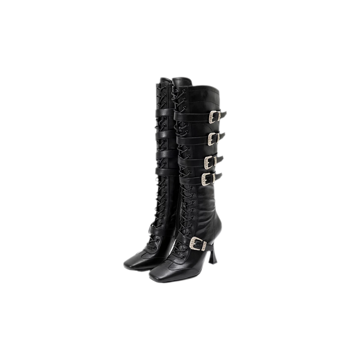 Metal Buckle Knee-High Boots – Black Stiletto Heel Pointed Square Toe Boots