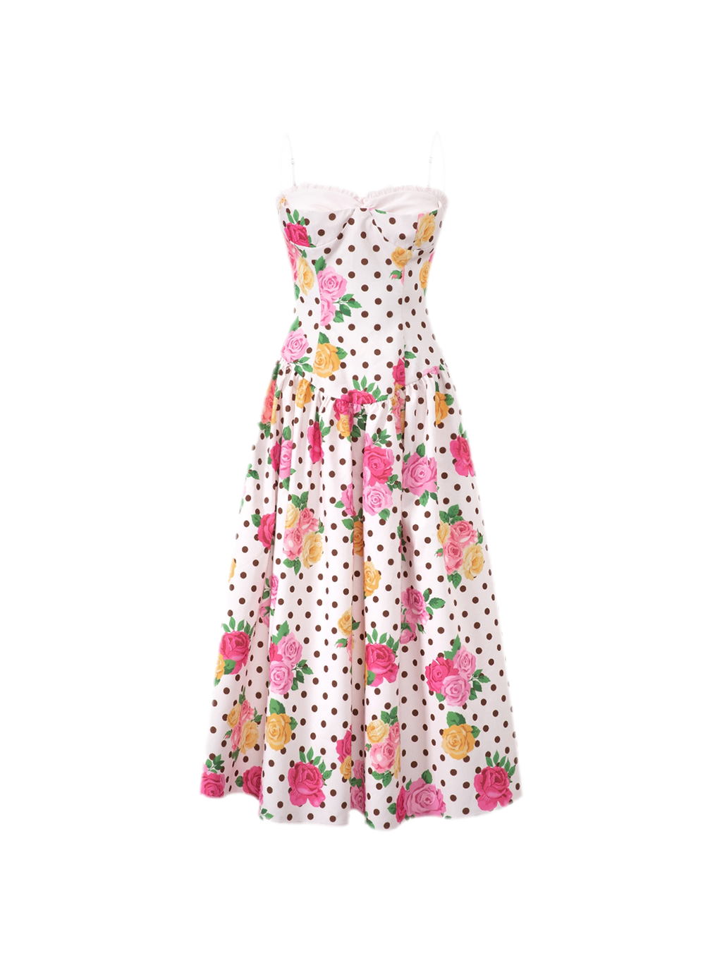 Retro French Polka Dot Rose Lyocell Midi Dress with Bustier Bodice