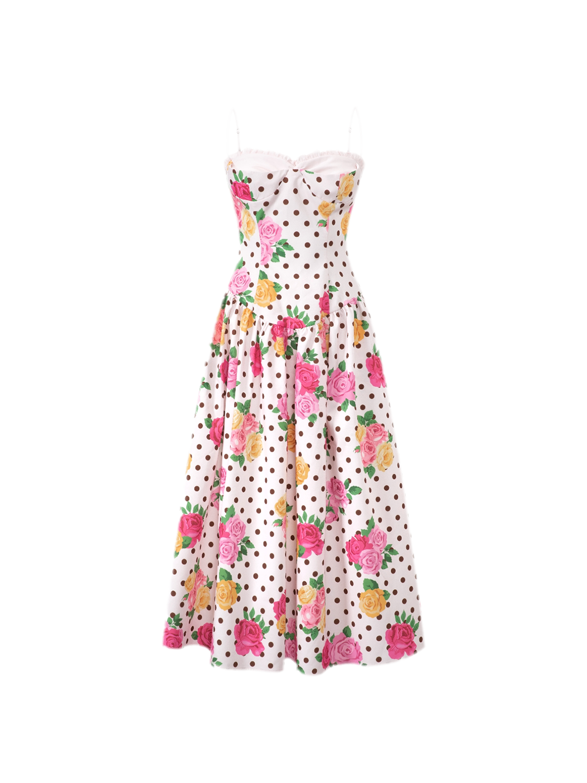 Retro French Polka Dot Rose Lyocell Midi Dress with Bustier Bodice