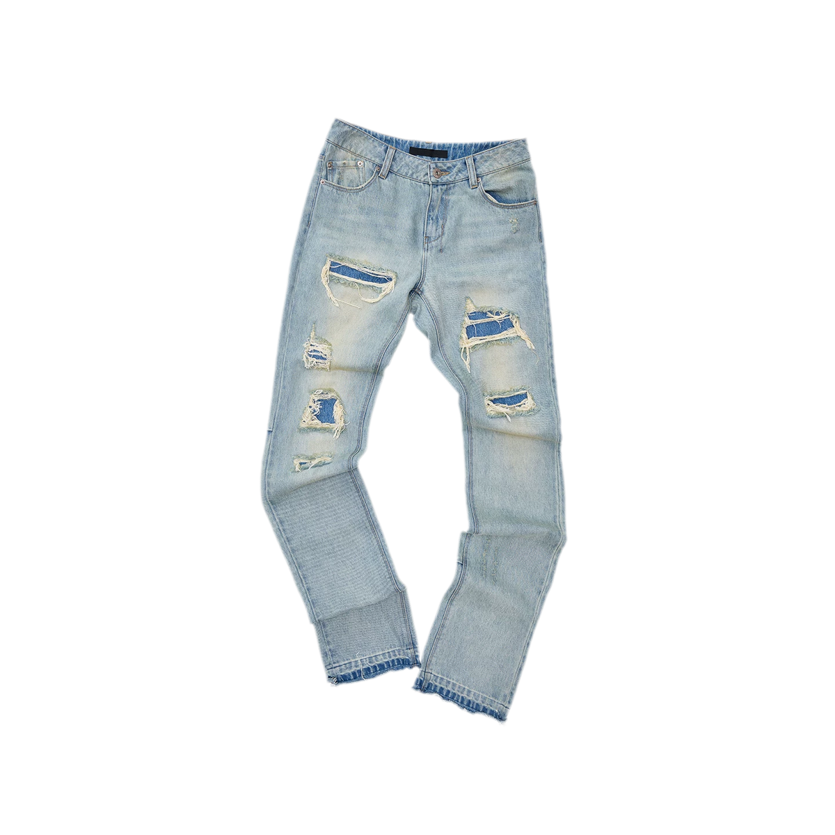 Washed Blue Appliqué Distressed Straight-Leg Jeans