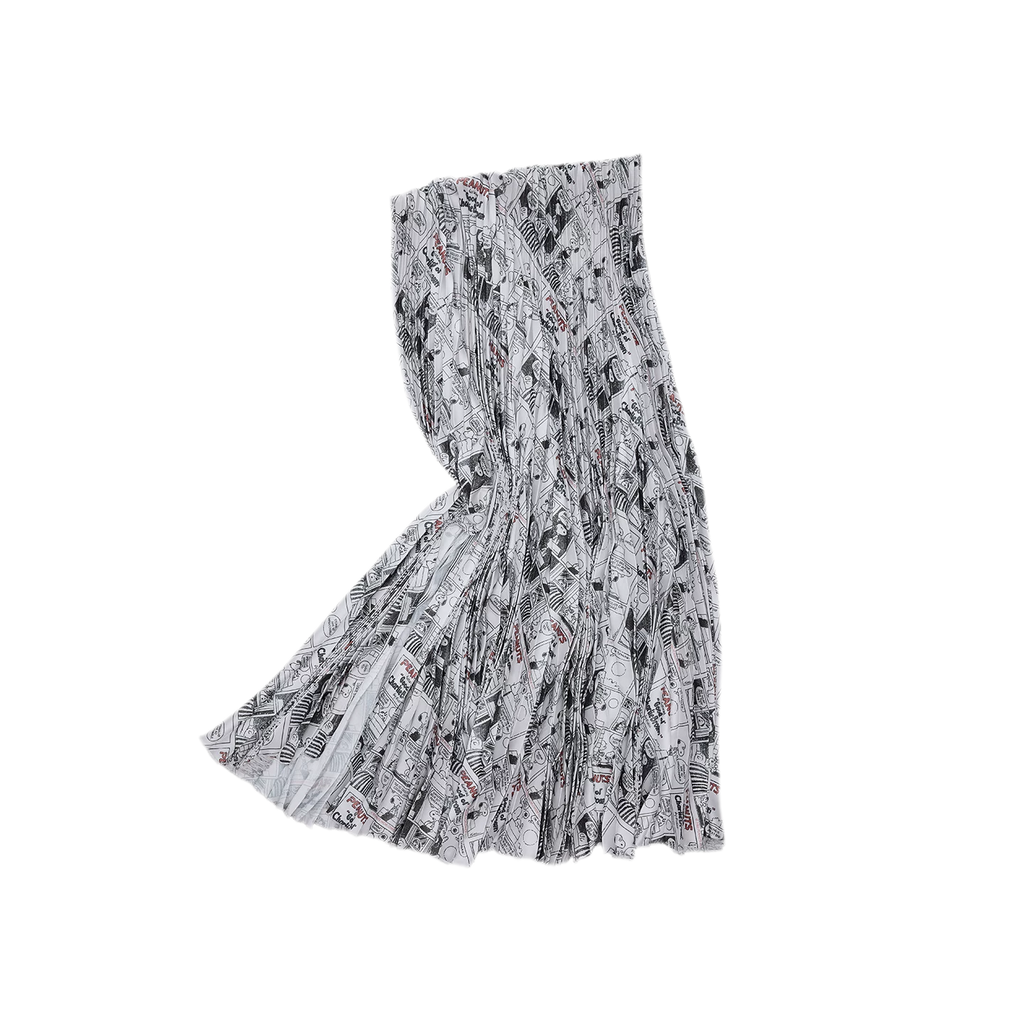 Vintage Newspaper Print Pleated A-Line Long Skirt
