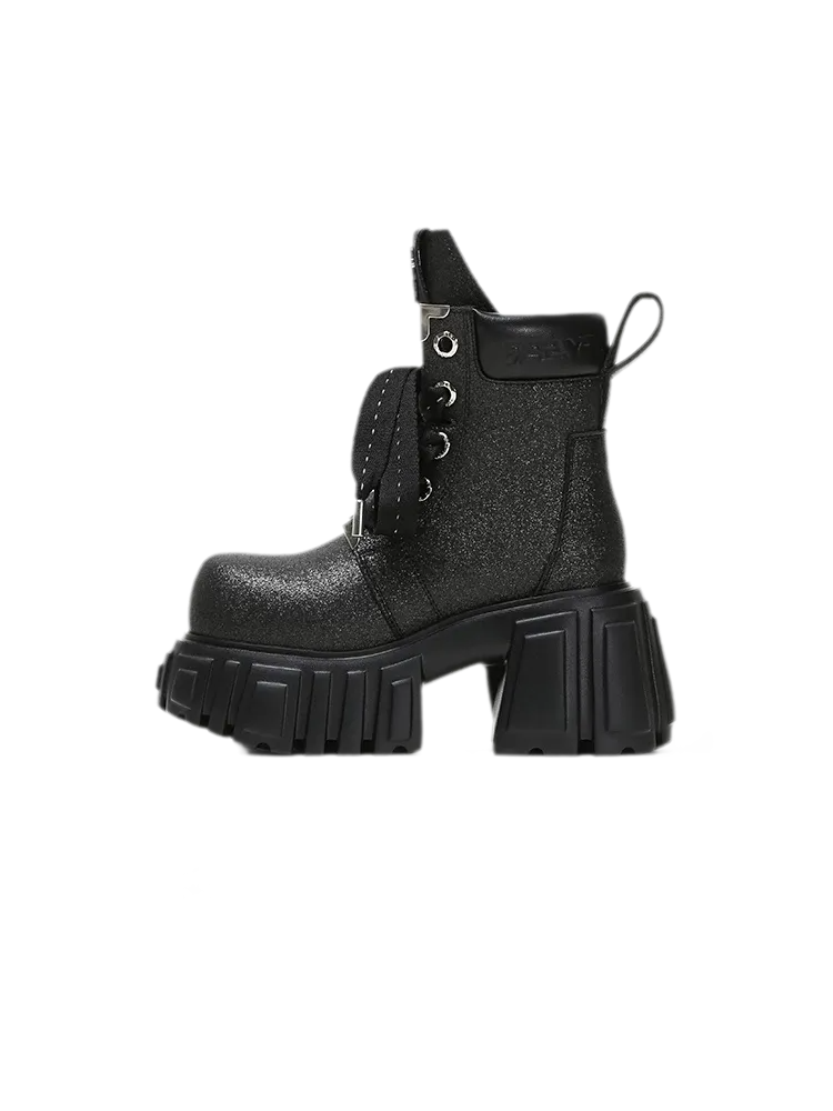 Platform Ankle Boots – Black Chunky Lug Sole Lace-Up Height-Boosting Boots
