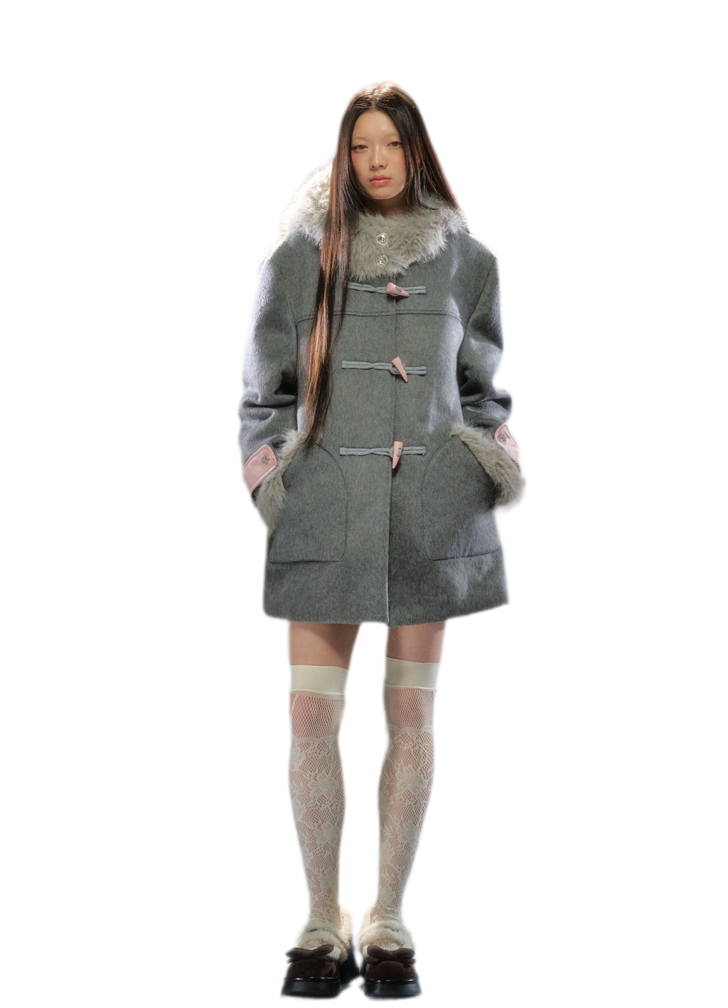 Wool Blend Hooded Duffle Coat with Plush Trim in Pink & Gray