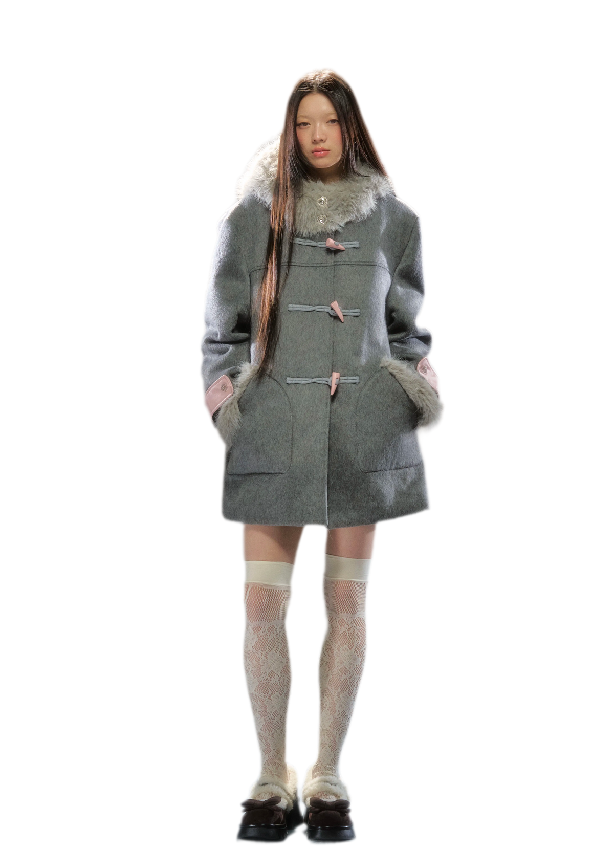 Wool Blend Hooded Duffle Coat with Plush Trim in Pink & Gray