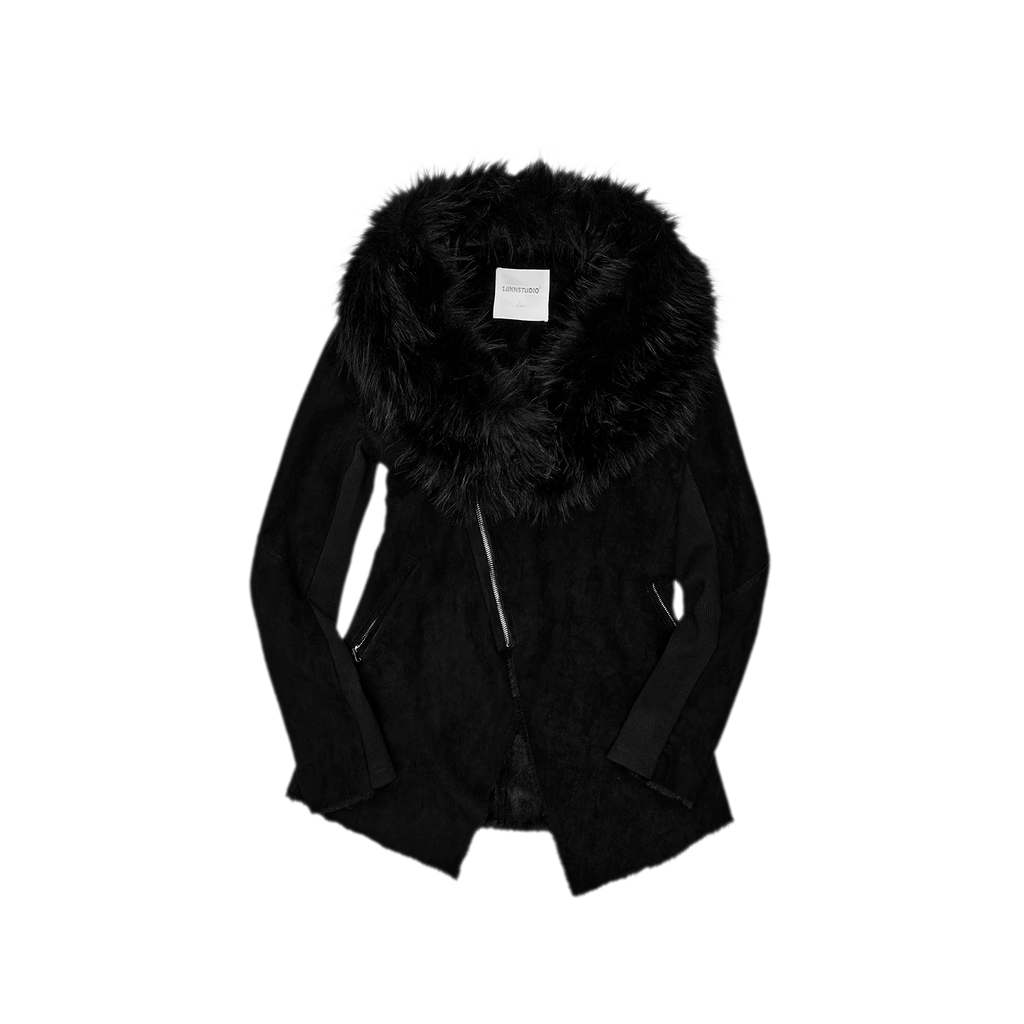 Suede-Look Slim Fit Coat with Oversized Faux Fur Collar