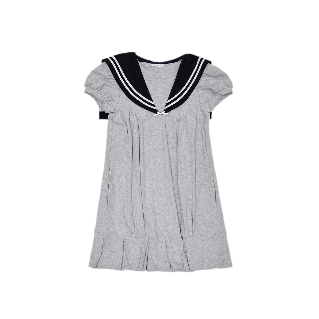Retro navy collar pleated midi dress in heather gray