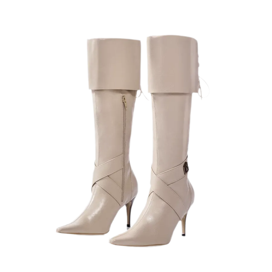 Khaki oil-waxed pointed-toe tall boots