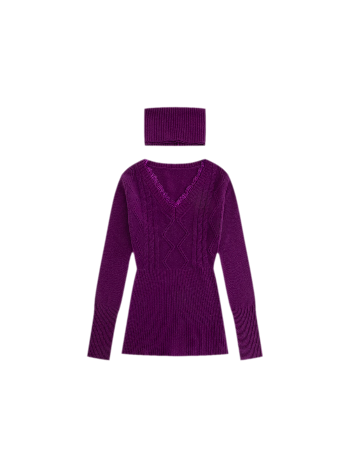 Merino Wool Fitted Bodysuit with Lace Neckline & Neck Warmer