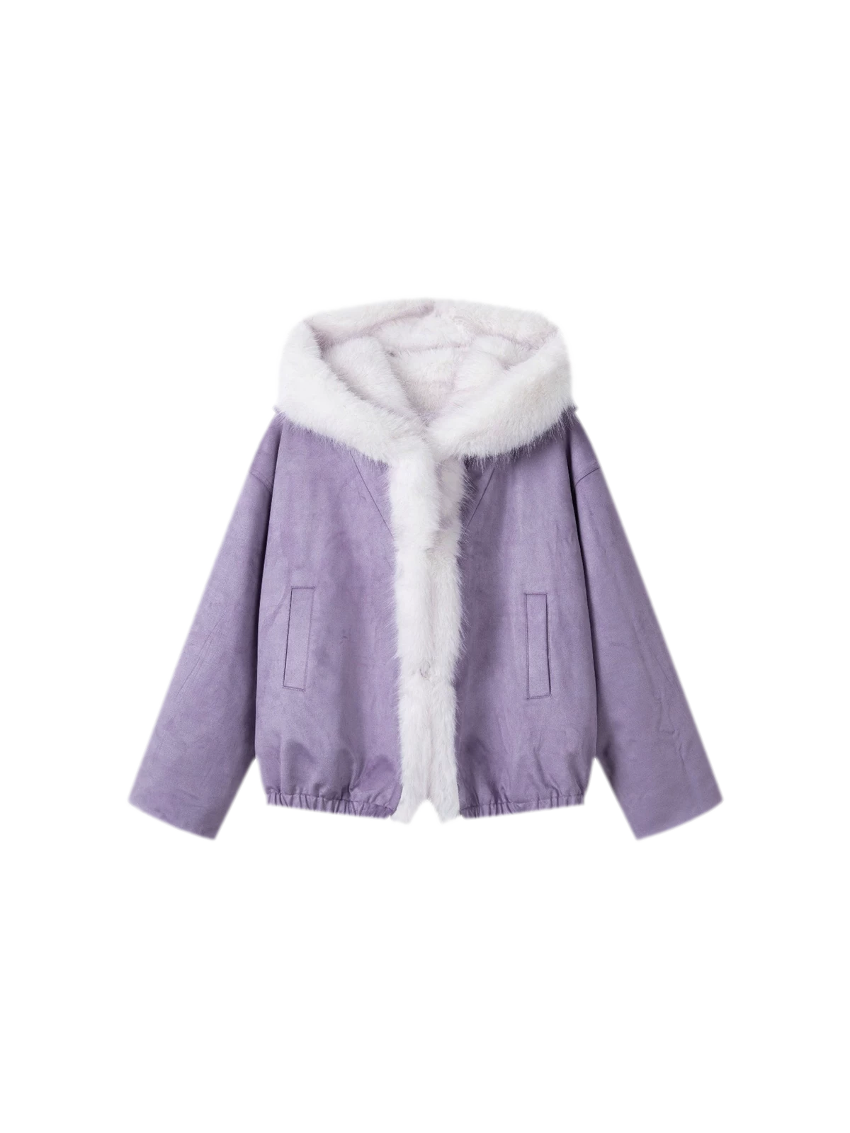 Reversible Suede & Plush Faux Fur Hooded Winter Jacket