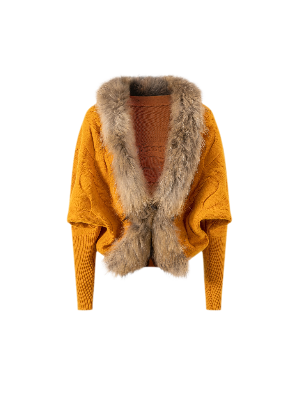 Cropped Cable Knit Batwing Wool Cardigan with Plush Fur Collar