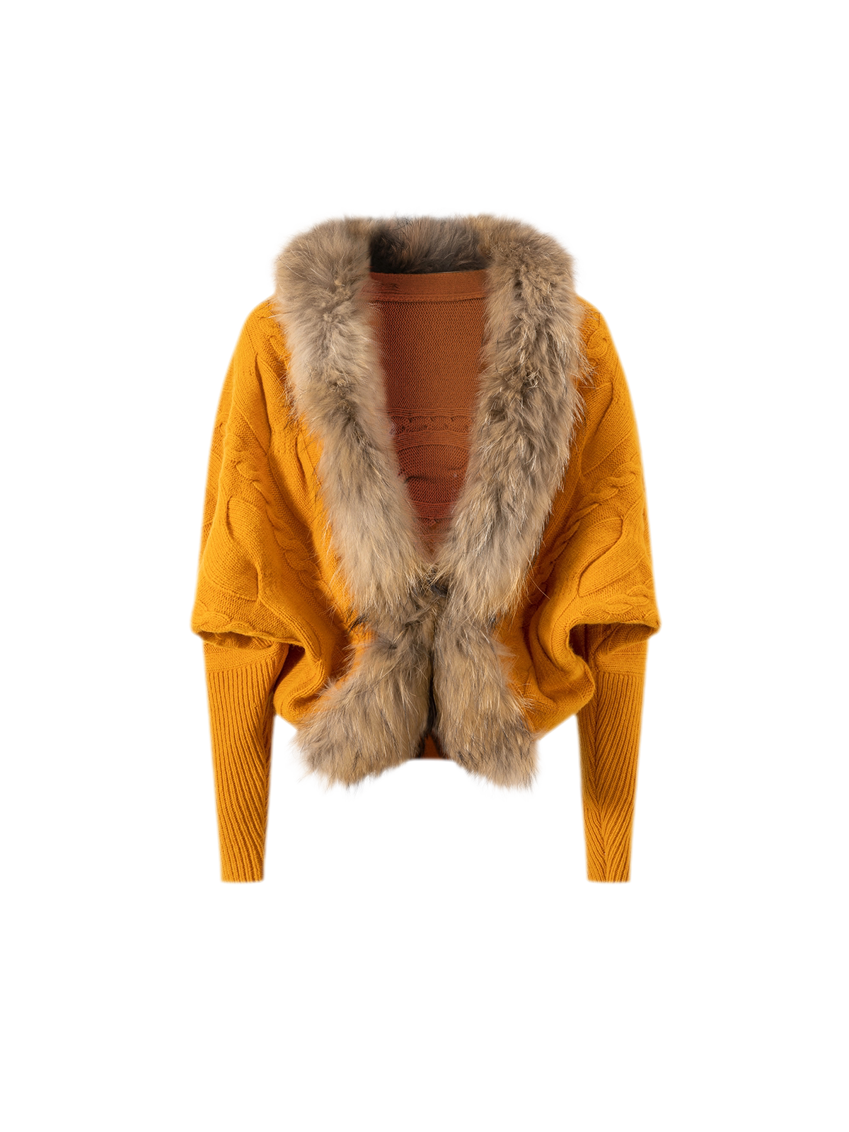 Cropped Cable Knit Batwing Wool Cardigan with Plush Fur Collar