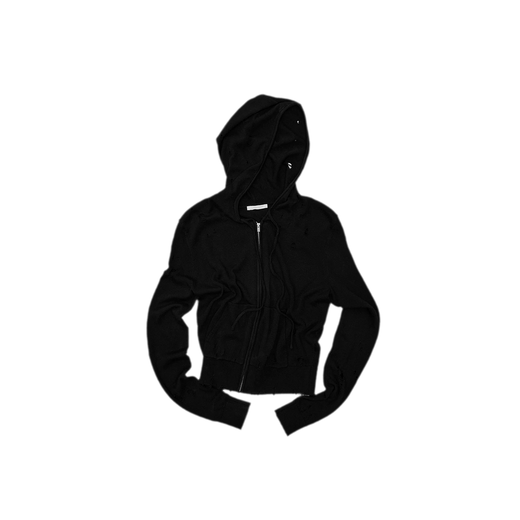 Distressed Hooded Zip Knit Cardigan