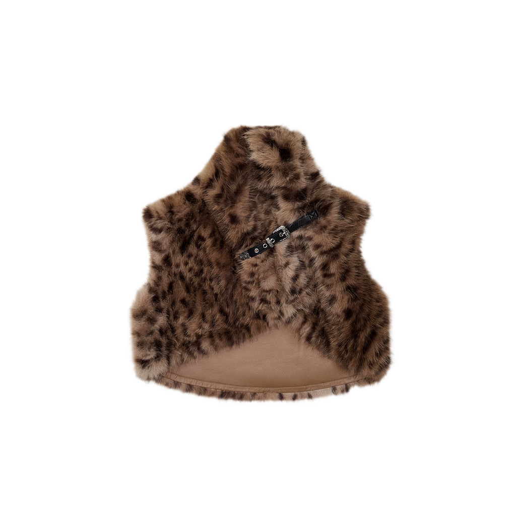 Belted Leopard Print Faux Fur Cropped Vest