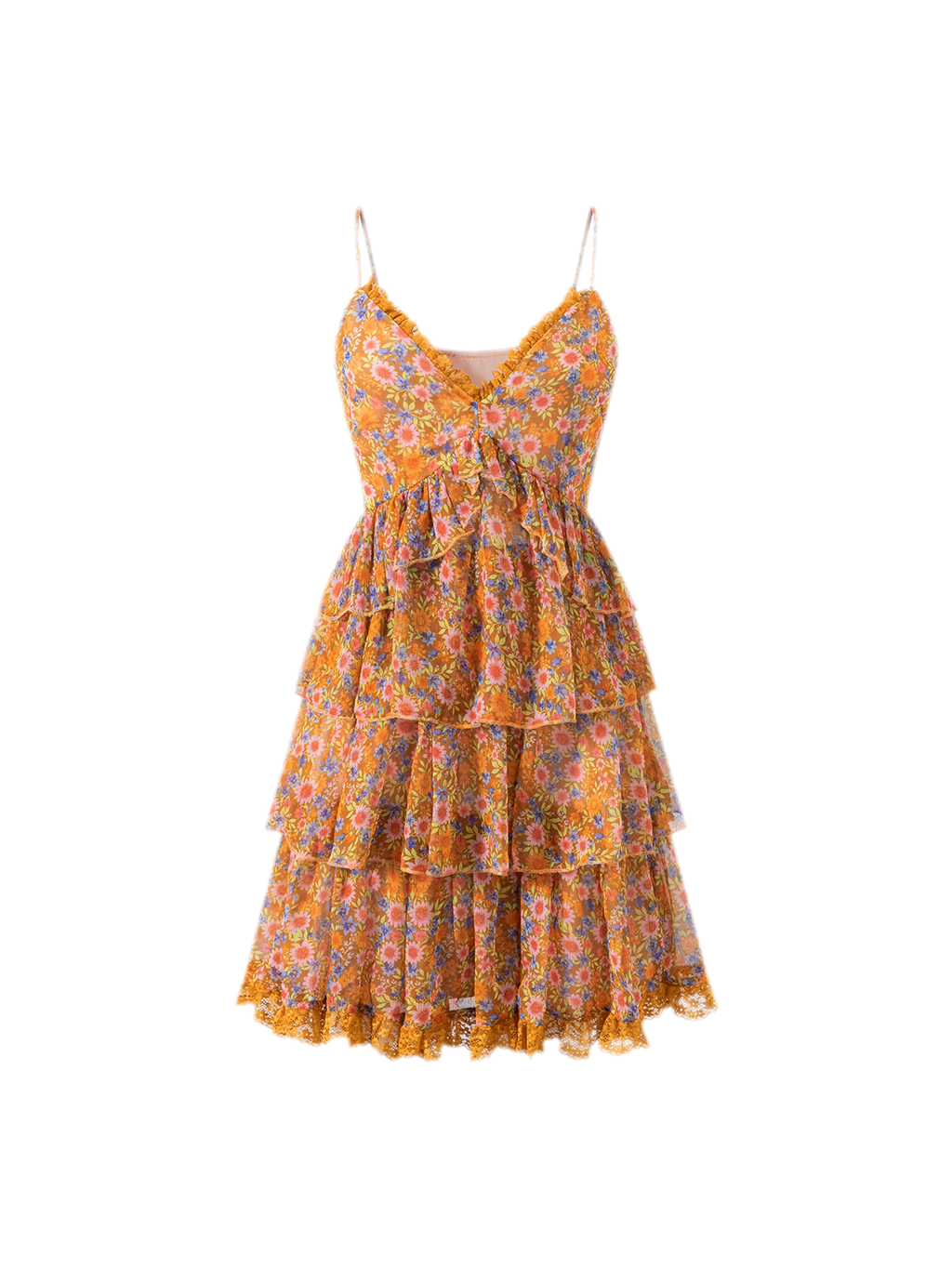 Y2K Floral Chiffon Lace Ruffle A-Line Cami Dress