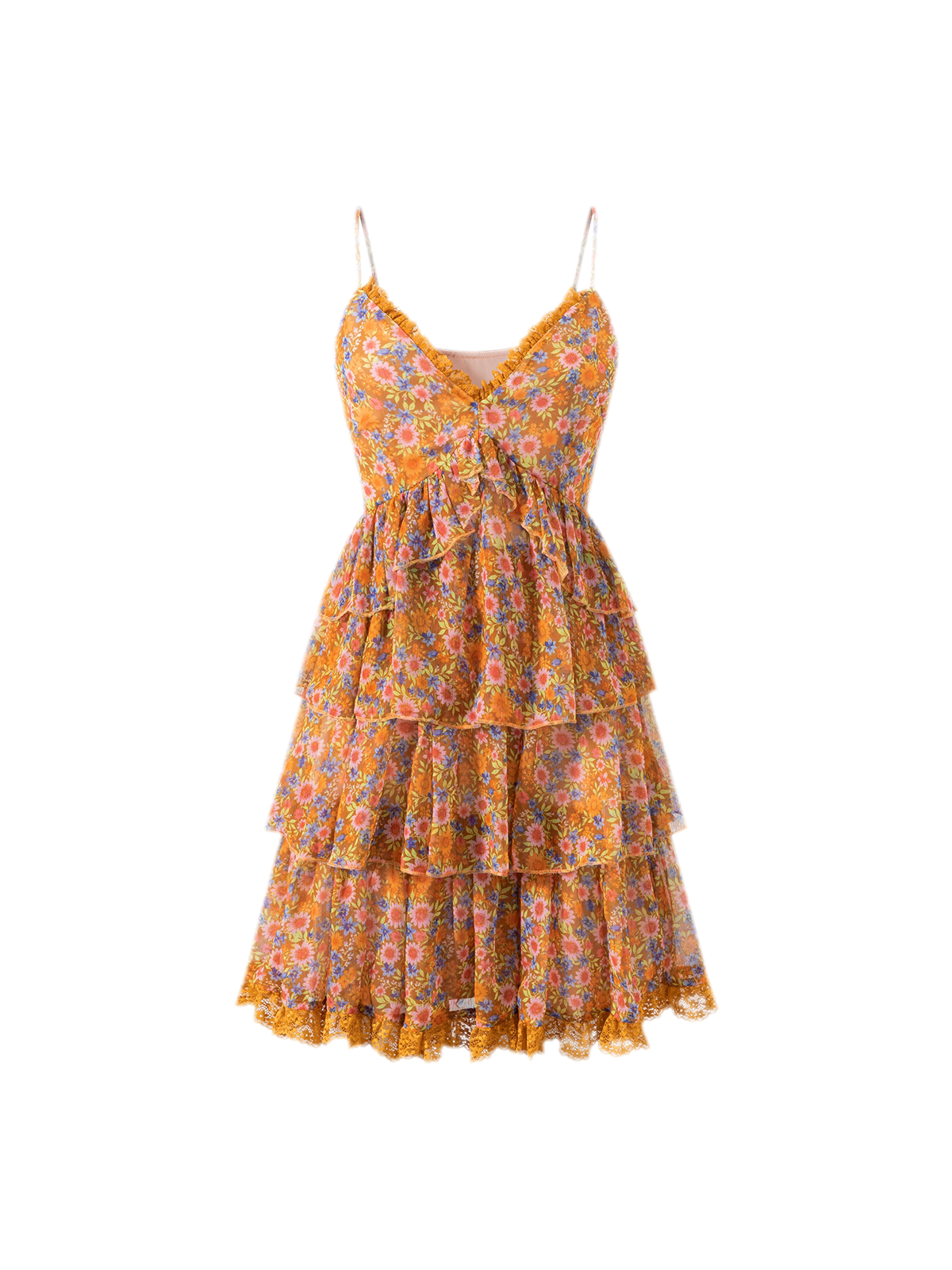 Y2K Floral Chiffon Lace Ruffle A-Line Cami Dress