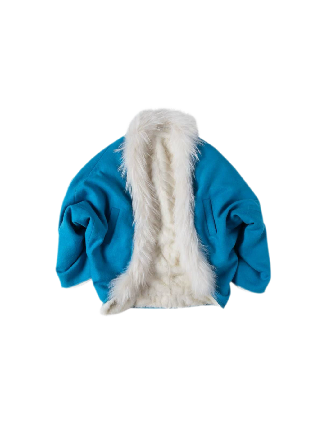 Reversible Faux Fur Wool Coat with Batwing Sleeves & Detachable Trim