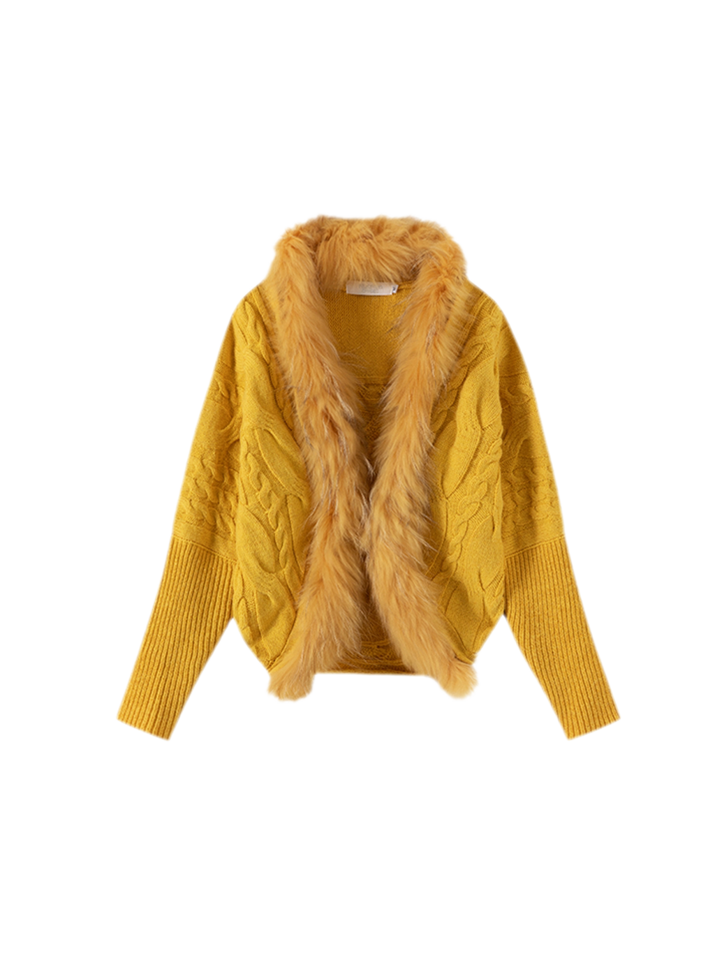 Retro Cable Knit Batwing Wool Cardigan with Fur Trim