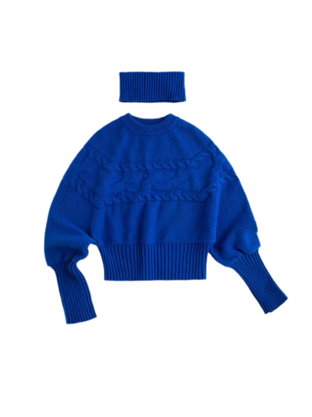 Cable Knit Relaxed Wool Turtleneck Sweater with Detachable Scarf Collar