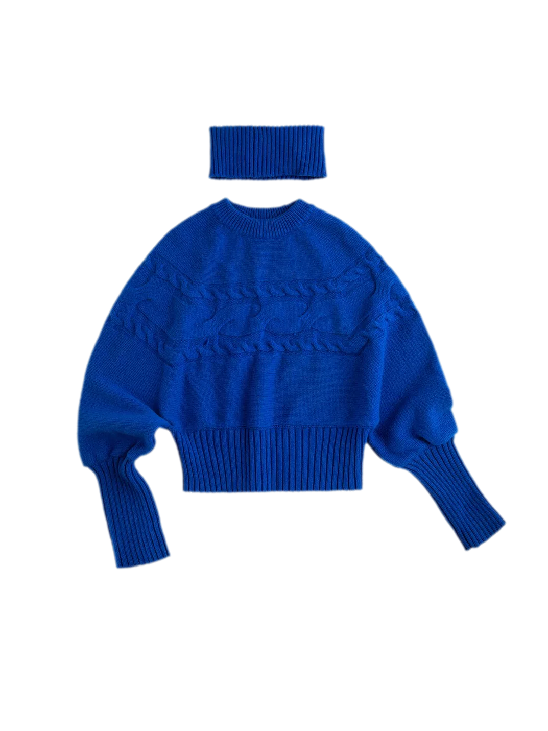 Cable Knit Relaxed Wool Turtleneck Sweater with Detachable Scarf Collar